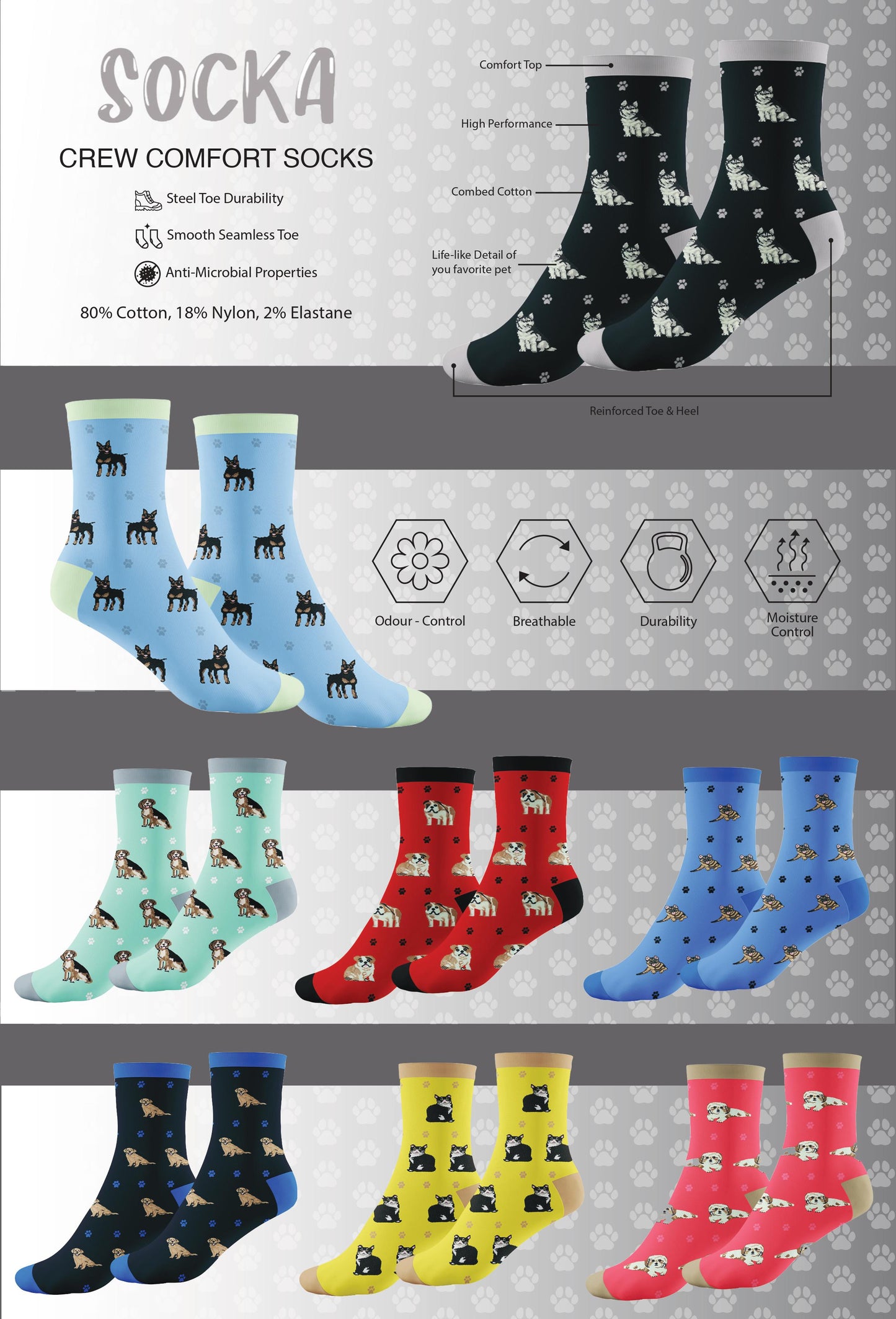 100% Cotton Crew Socks for Pet Lovers - Single Pair